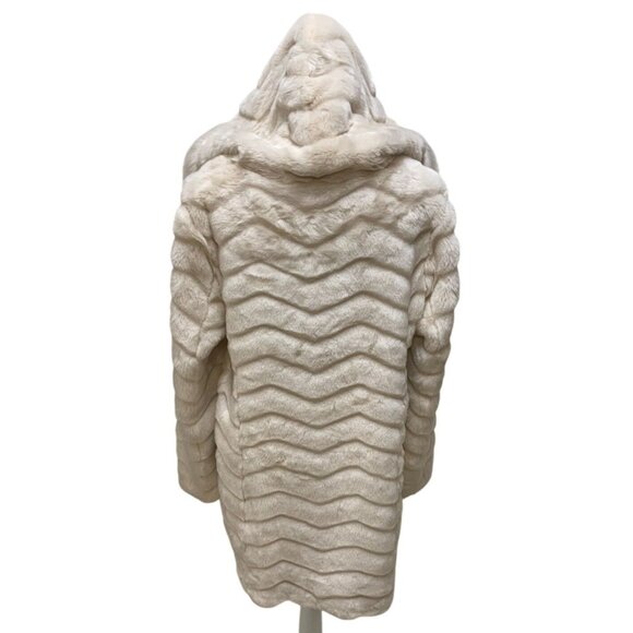 DKNY Womens Faux Fur Chevron Pattern Hooded Parka Coat Ivory Beige Size XL - Picture 3 of 9